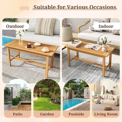Patio Coffee Table 36 Inch Rectangular Outside Side Table with Slatted Tabletop - Natural - Patio Coffee Tables