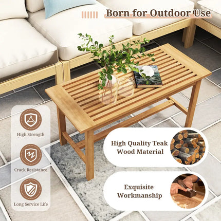 Patio Coffee Table 36 Inch Rectangular Outside Side Table with Slatted Tabletop - Natural - Patio Coffee Tables