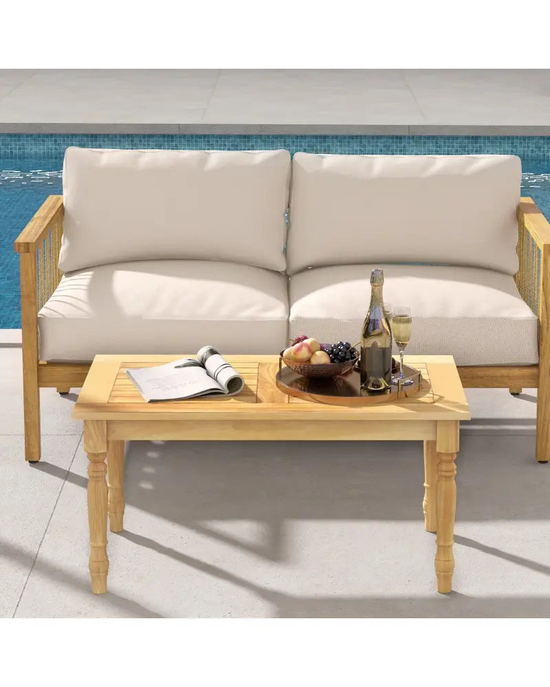 Patio Coffee Table with Solid Teak Wood Structure and Slatted Tabletop - Natural - Patio Coffee Tables