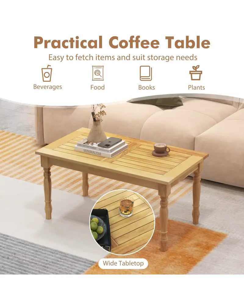 Patio Coffee Table with Solid Teak Wood Structure and Slatted Tabletop - Natural - Patio Coffee Tables