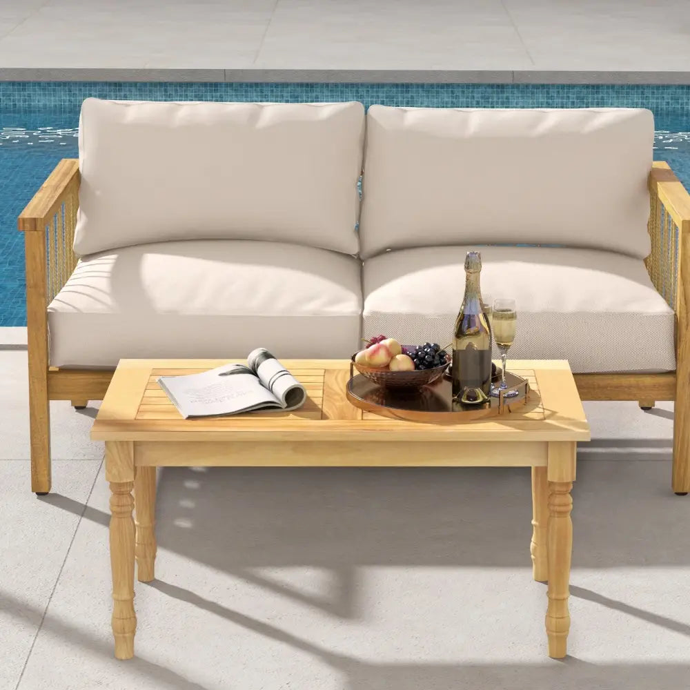 Patio Coffee Table with Solid Teak Wood Structure and Slatted Tabletop - Natural - Patio Coffee Tables