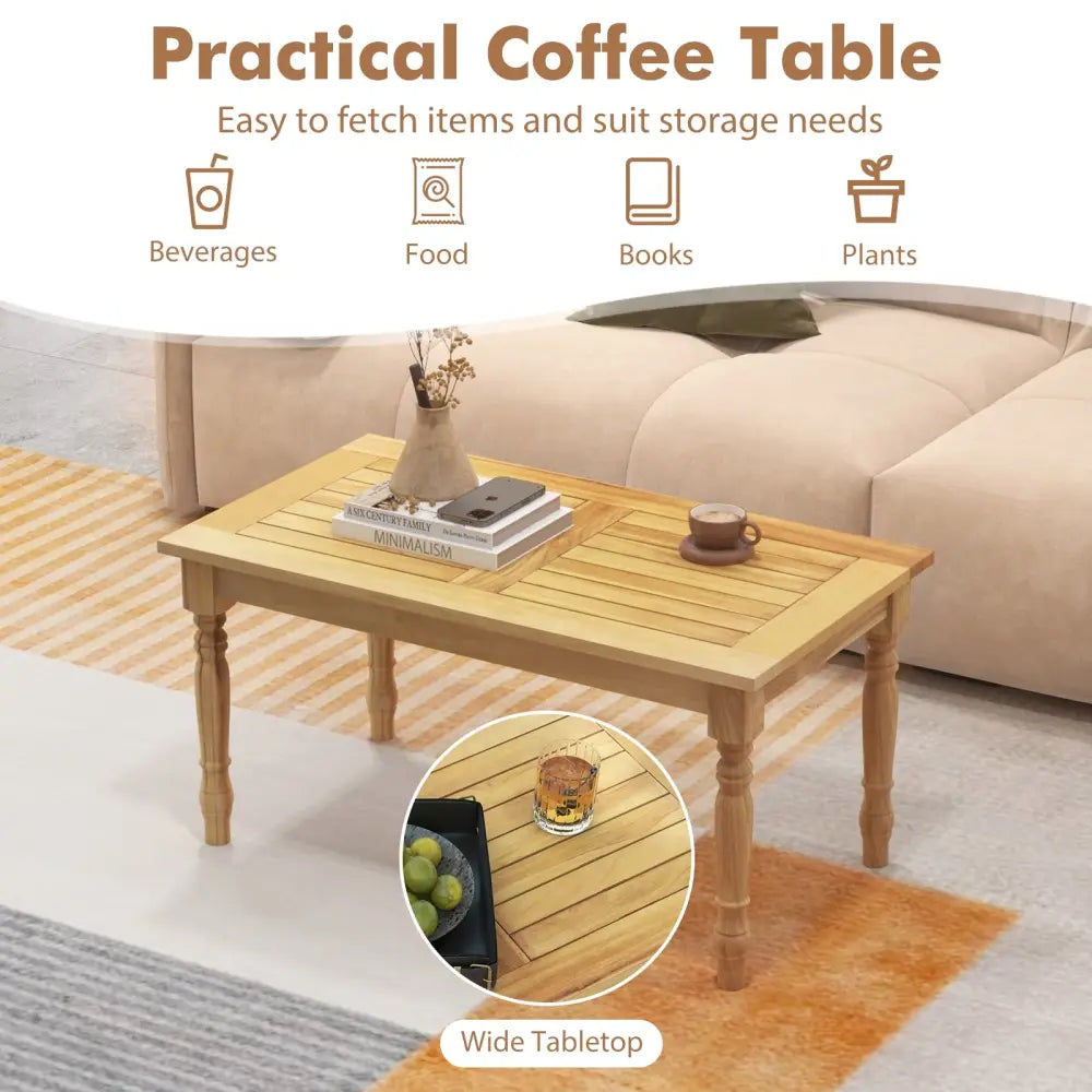 Patio Coffee Table with Solid Teak Wood Structure and Slatted Tabletop - Natural - Patio Coffee Tables