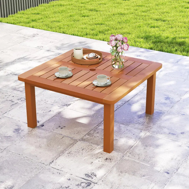 Patio Coffee Table with Umbrella Hole and Teak Oil Finish - Natural - Patio Coffee Tables