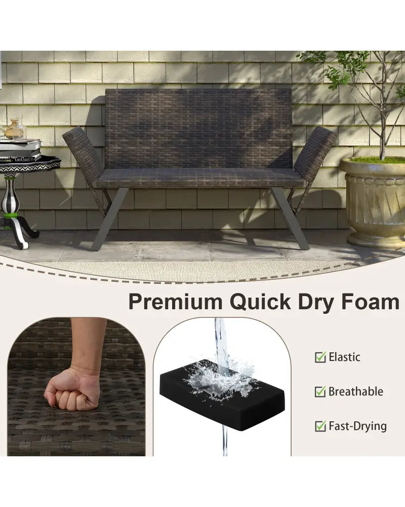 Patio Convertible Sofa for 2 Quick Dry Foam Padded Rattan with Armrests-Gray - Gray - Outdoor Benches
