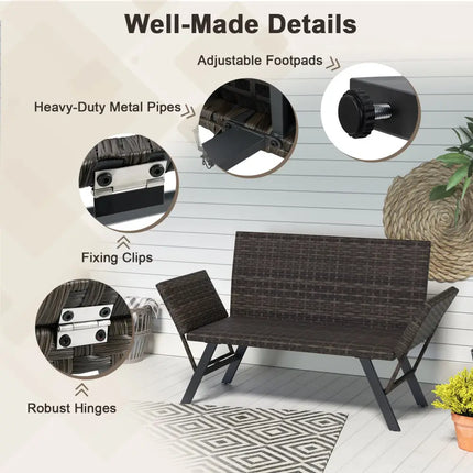 Patio Convertible Sofa for 2 Quick Dry Foam Padded Rattan with Armrests-Gray - Gray - Outdoor Benches