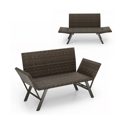 Patio Convertible Sofa for 2 Quick Dry Foam Padded Rattan with Armrests-Gray - Gray - Outdoor Benches