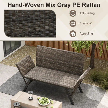 Patio Convertible Sofa for 2 Quick Dry Foam Padded Rattan with Armrests-Gray - Gray - Outdoor Benches