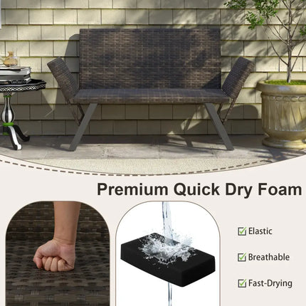 Patio Convertible Sofa for 2 Quick Dry Foam Padded Rattan with Armrests-Gray - Gray - Outdoor Benches