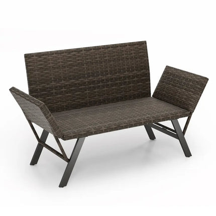 Patio Convertible Sofa for 2 Quick Dry Foam Padded Rattan with Armrests-Gray - Gray - Outdoor Benches