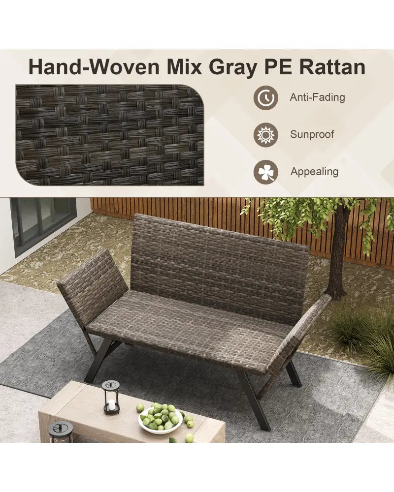 Patio Convertible Sofa for 2 Quick Dry Foam Padded Rattan with Armrests-Gray - Gray - Outdoor Benches