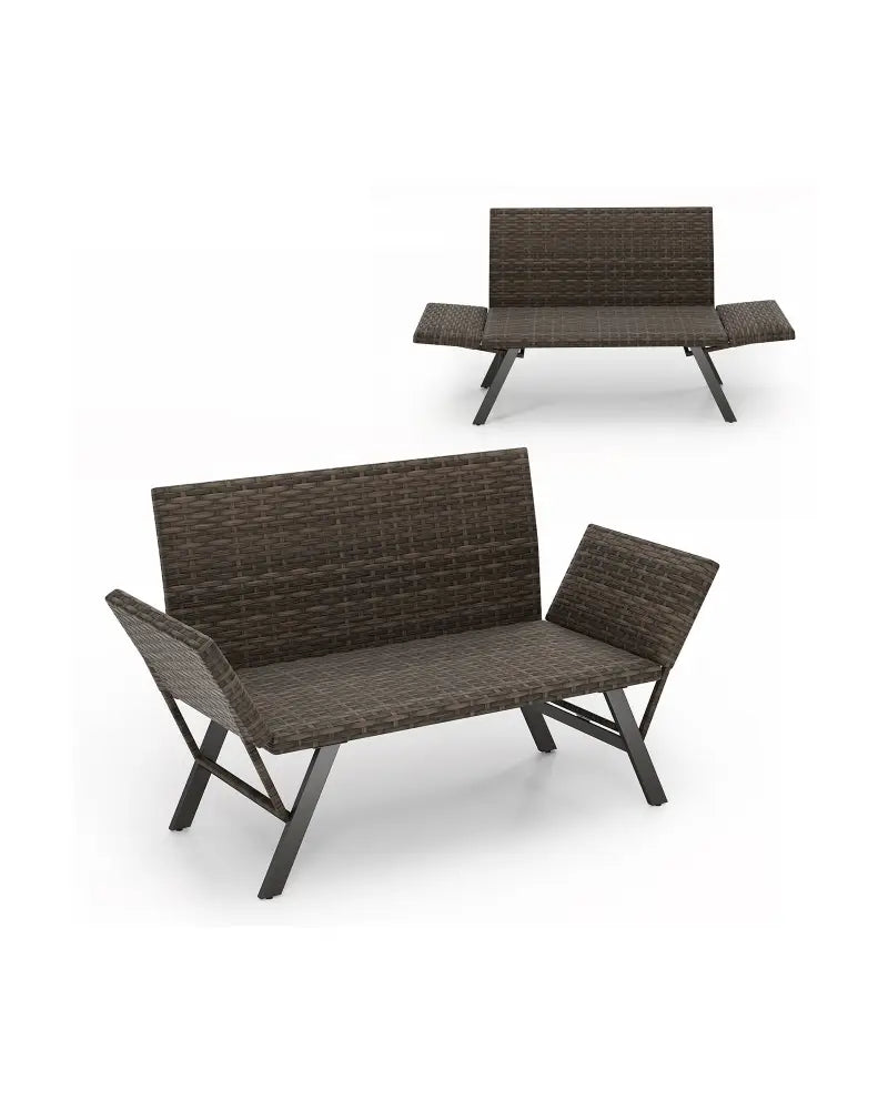 Patio Convertible Sofa for 2 Quick Dry Foam Padded Rattan with Armrests-Gray - Gray - Outdoor Benches