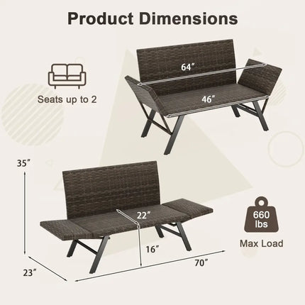 Patio Convertible Sofa for 2 Quick Dry Foam Padded Rattan with Armrests-Gray - Gray - Outdoor Benches
