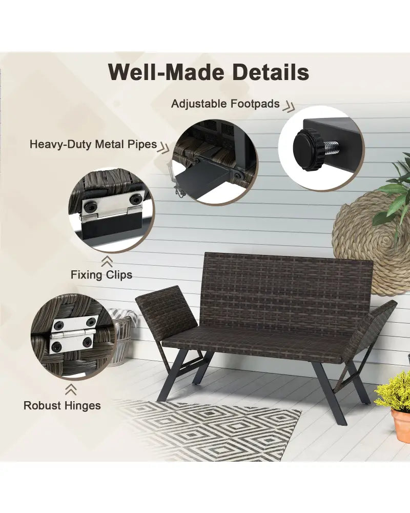 Patio Convertible Sofa for 2 Quick Dry Foam Padded Rattan with Armrests-Gray - Gray - Outdoor Benches