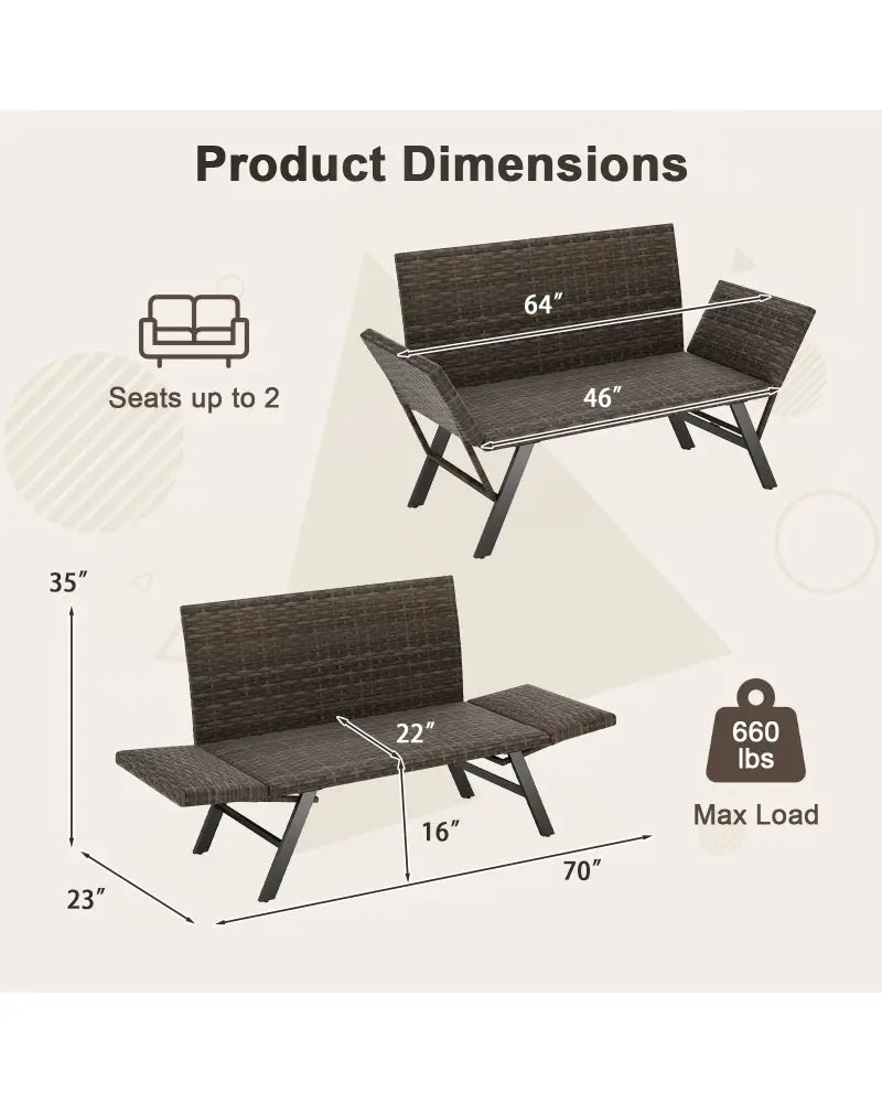 Patio Convertible Sofa for 2 Quick Dry Foam Padded Rattan with Armrests-Gray - Gray - Outdoor Benches