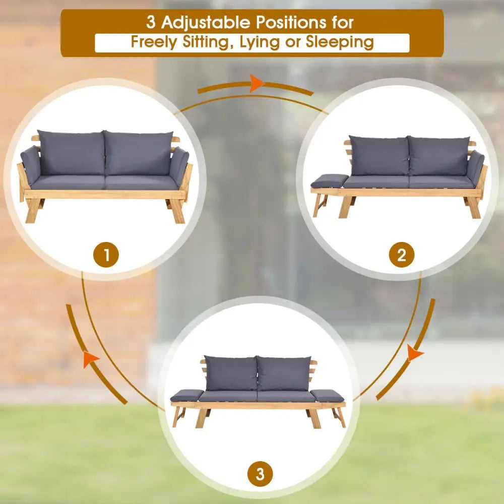 Patio Convertible Solid Wood Sofa with Cushion - Gray - Outdoor Benches