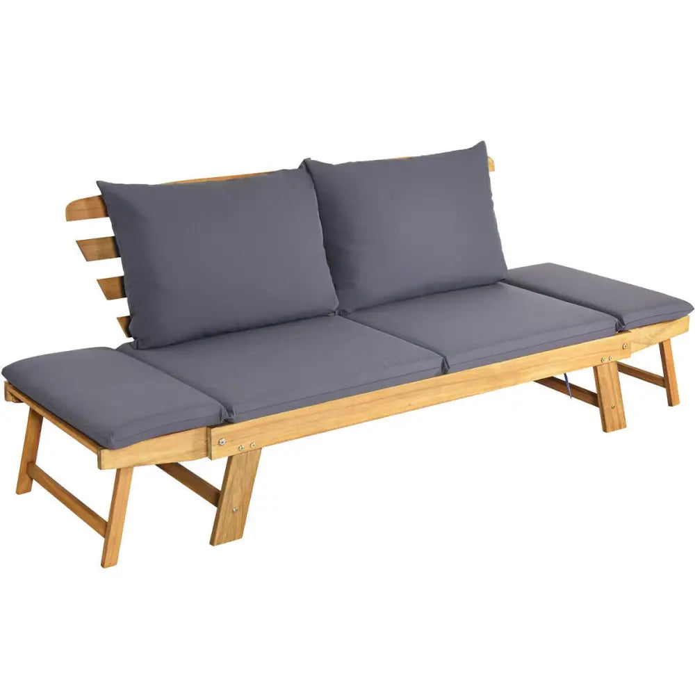 Patio Convertible Solid Wood Sofa with Cushion - Gray - Outdoor Benches