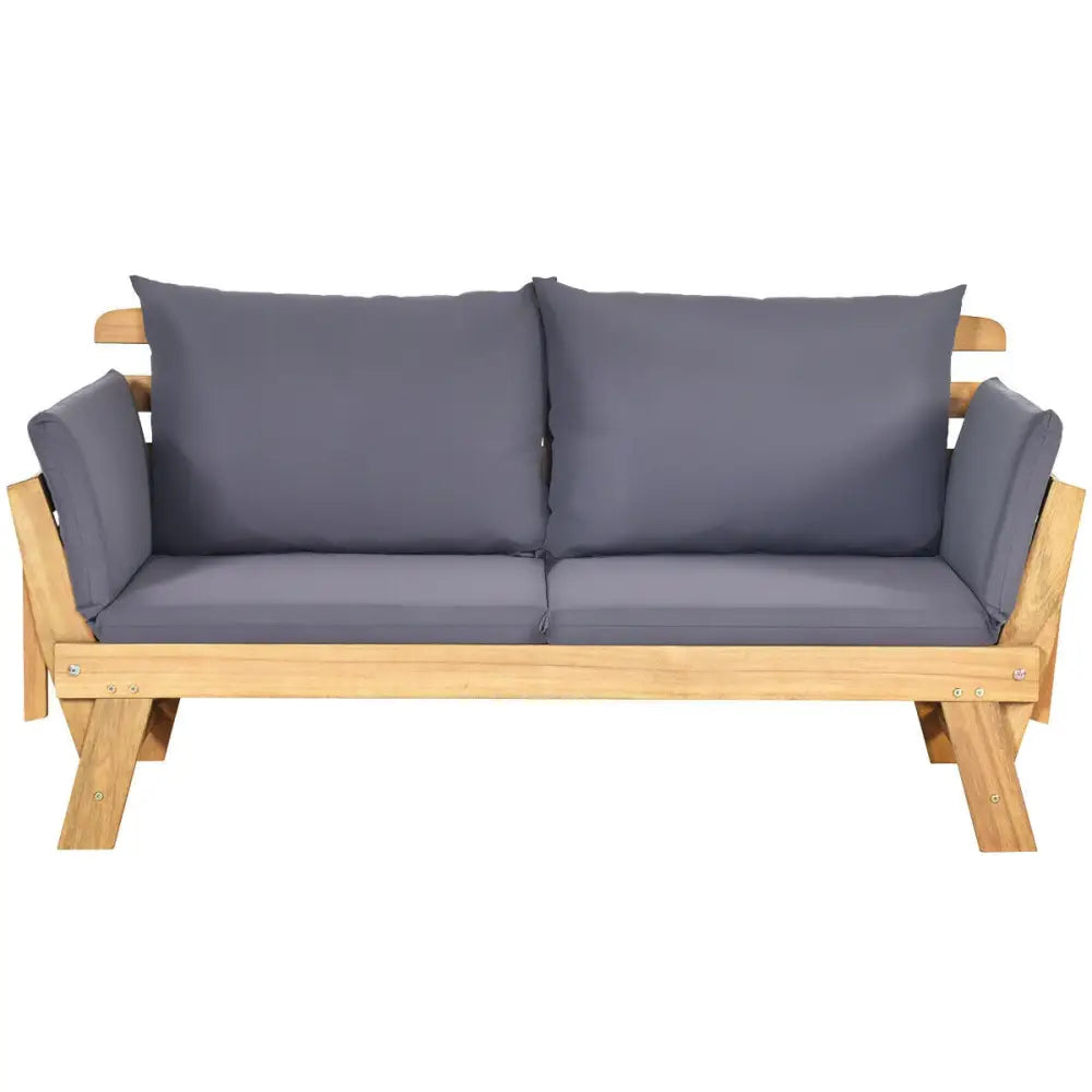 Patio Convertible Solid Wood Sofa with Cushion - Gray - Outdoor Benches