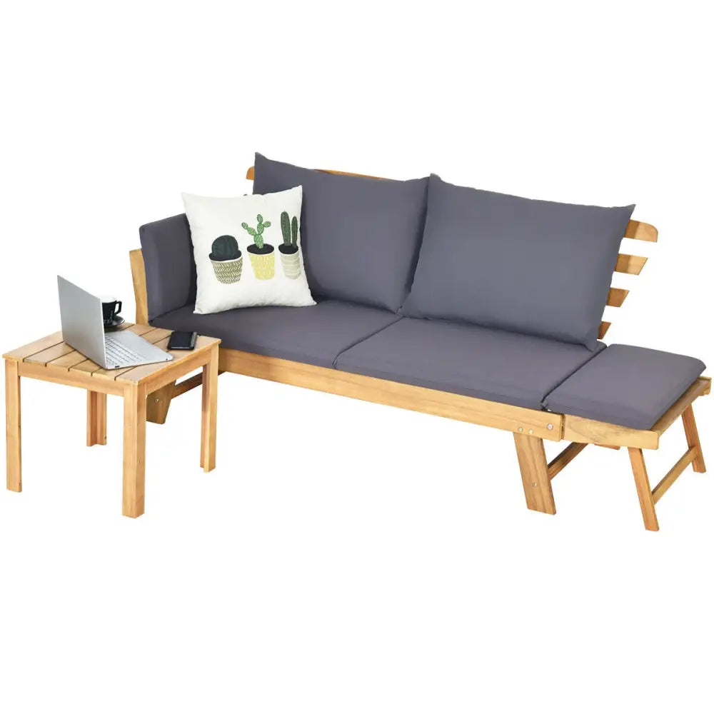 Patio Convertible Solid Wood Sofa with Cushion - Gray - Outdoor Benches
