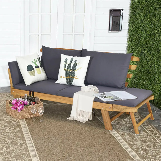 Patio Convertible Solid Wood Sofa with Cushion - Gray - Outdoor Benches