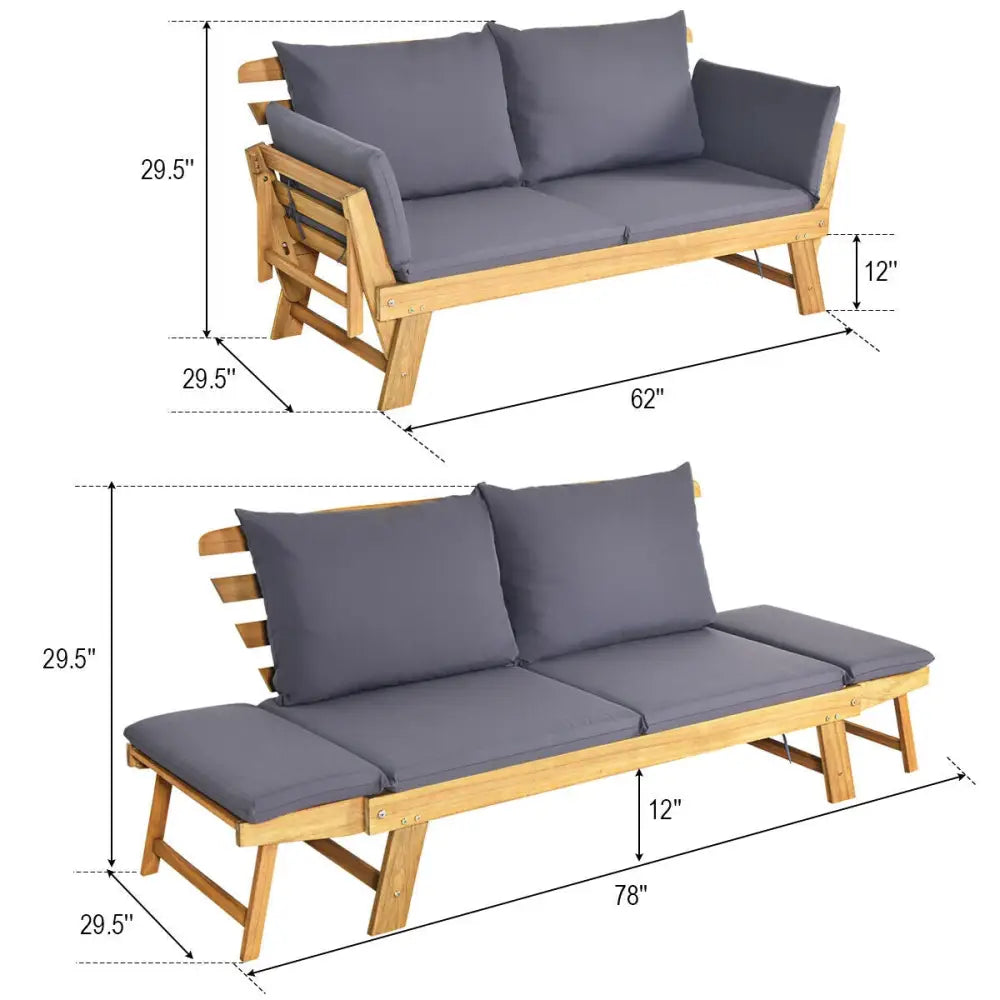 Patio Convertible Solid Wood Sofa with Cushion - Gray - Outdoor Benches