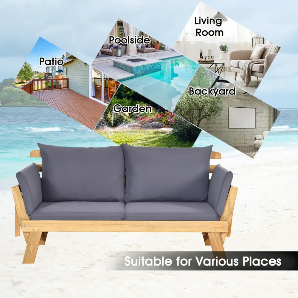 Patio Convertible Solid Wood Sofa with Cushion - Gray - Outdoor Benches