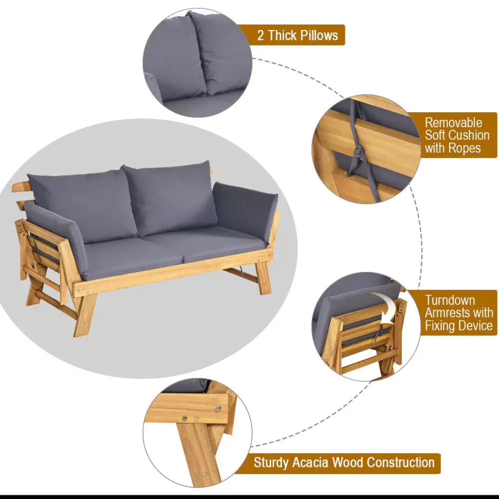 Patio Convertible Solid Wood Sofa with Cushion - Gray - Outdoor Benches