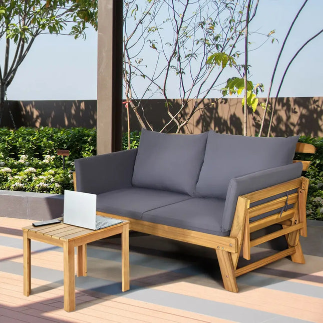 Patio Convertible Solid Wood Sofa with Cushion - Gray - Outdoor Benches