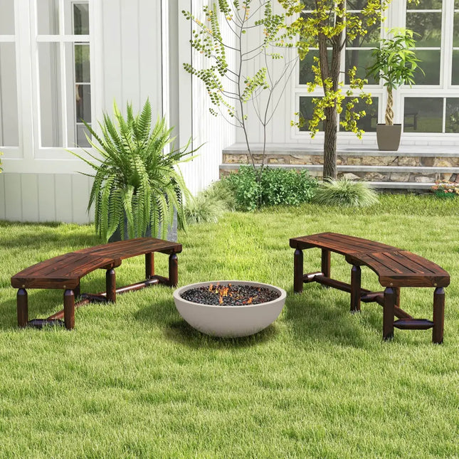 Patio Curved Bench for Round Table Spacious and Slatted Seat - Rustic Brown - Beach & Lawn Chairs