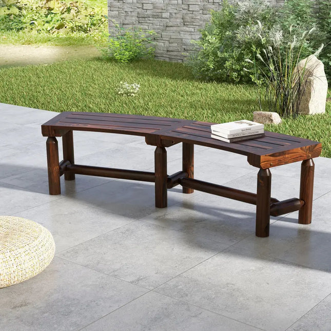 Patio Curved Bench for Round Table Spacious and Slatted Seat - Rustic Brown - Beach & Lawn Chairs