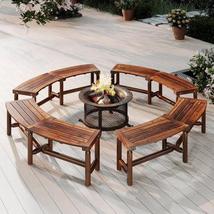 Patio Curved Bench Solid Wood Fire Pit Bench Outdoor Backless Loveseat-Rustic Brown - Rustic Brown - Outdoor Benches