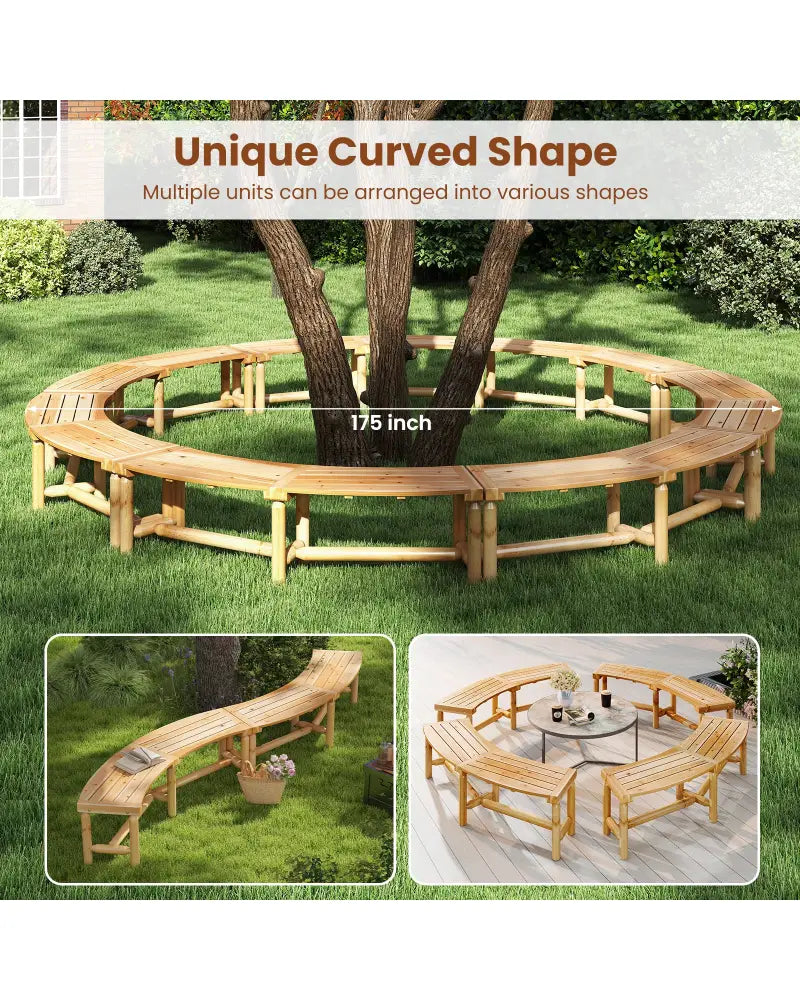 Patio Curved Bench Solid Wood Fire Pit Bench Outdoor Backless Loveseat-Natural - Natural - Outdoor Benches