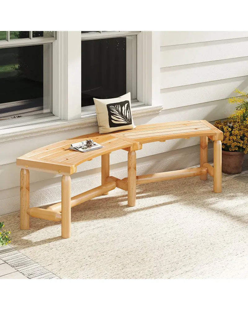 Patio Curved Bench Solid Wood Fire Pit Bench Outdoor Backless Loveseat-Natural - Natural - Outdoor Benches