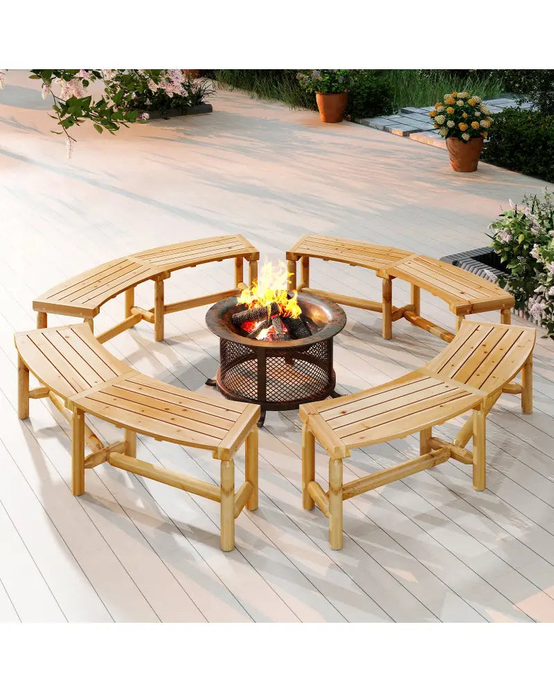 Patio Curved Bench Solid Wood Fire Pit Bench Outdoor Backless Loveseat-Natural - Natural - Outdoor Benches