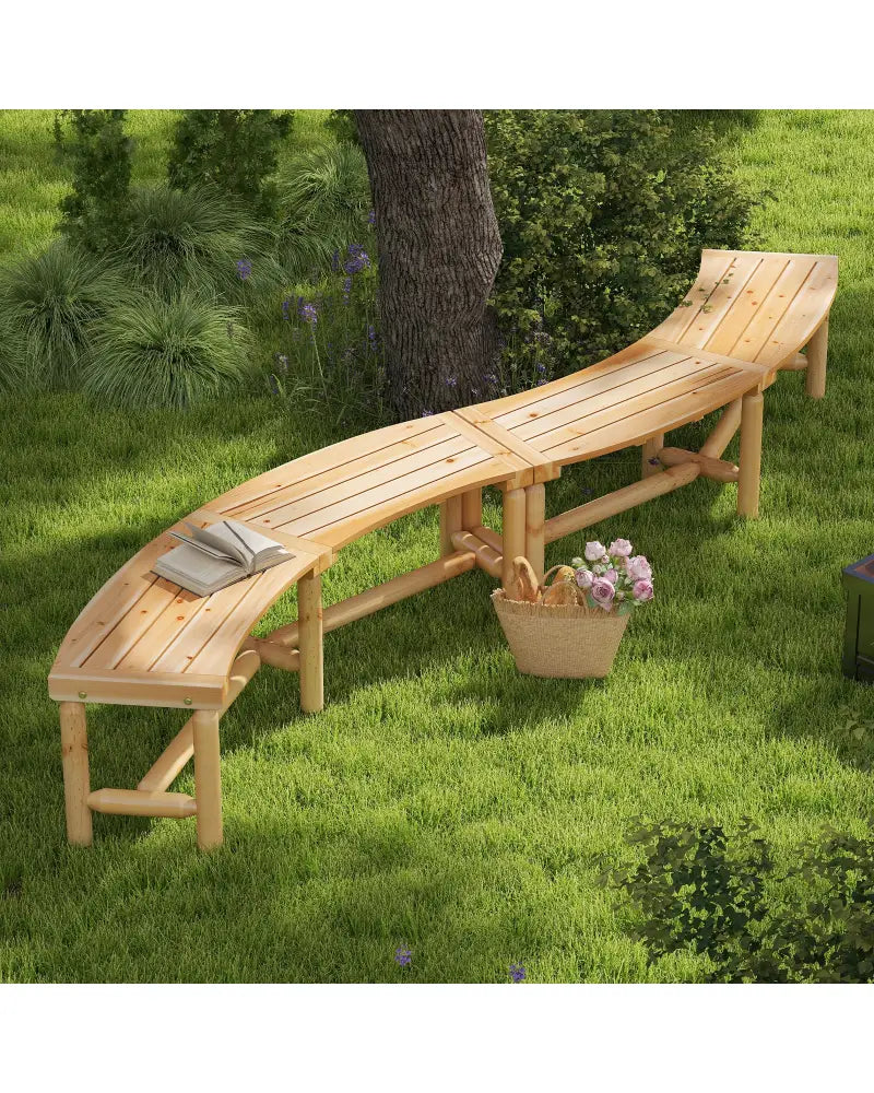 Patio Curved Bench Solid Wood Fire Pit Bench Outdoor Backless Loveseat-Natural - Natural - Outdoor Benches