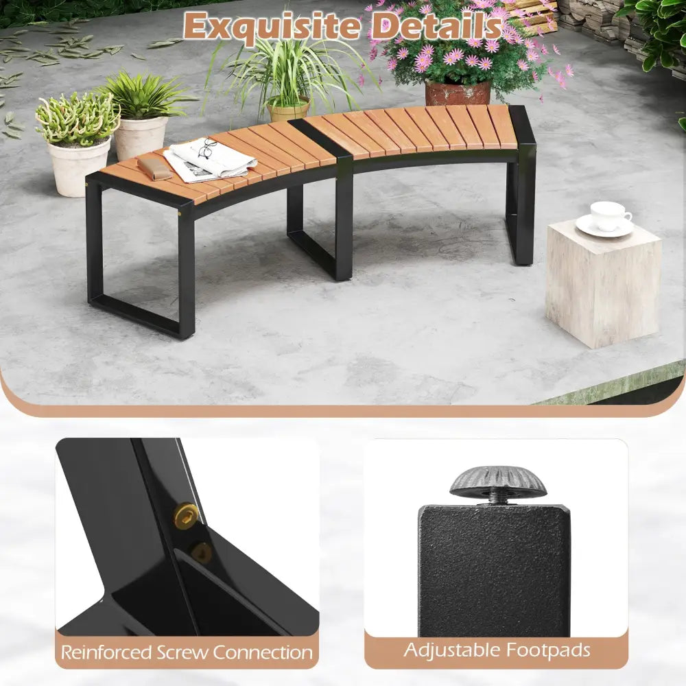 Patio Curved Bench with Slatted Seat and Metal Legs-2 Pieces - Outdoor Benches