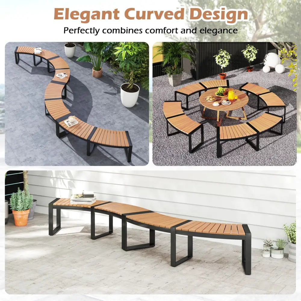 Patio Curved Bench with Slatted Seat and Metal Legs-2 Pieces - Outdoor Benches