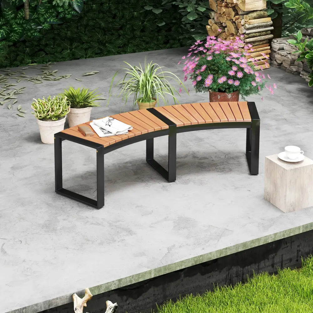 Patio Curved Bench with Slatted Seat and Metal Legs-2 Pieces - Outdoor Benches