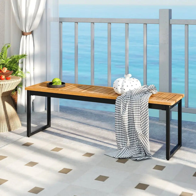 Patio Dining Bench Backless with Slatted Seat and Metal Legs - Natural - Outdoor Benches