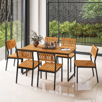 Patio Dining Chair Set of 2 with Metal and Acacia Wood Frame - Natural - Dining Chairs
