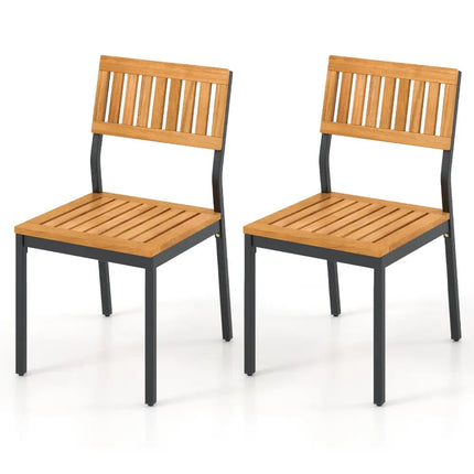 Patio Dining Chair Set of 2 with Metal and Acacia Wood Frame - Natural - Dining Chairs
