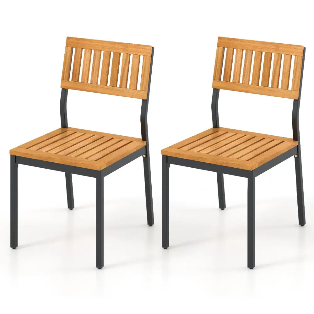 Patio Dining Chair Set of 2 with Metal and Acacia Wood Frame - Natural - Dining Chairs
