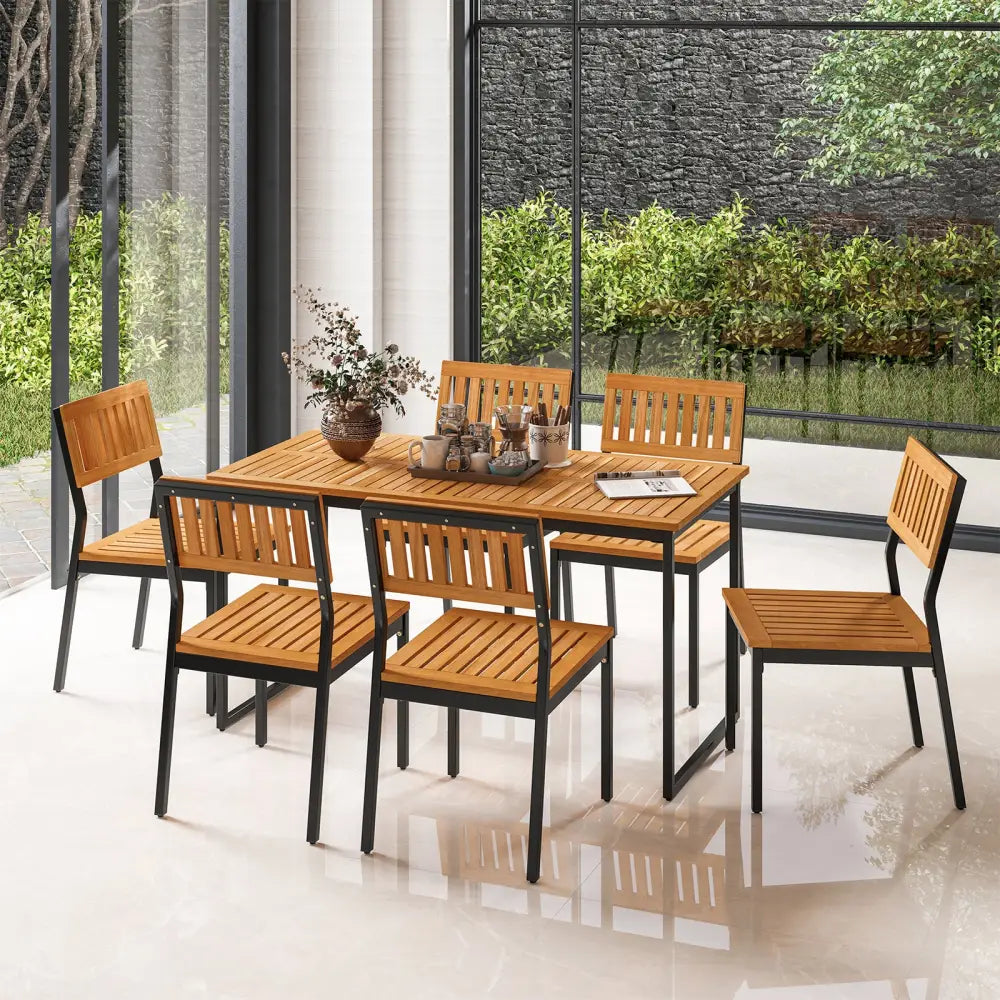 Patio Dining Chair Set of 2 with Metal and Acacia Wood Frame - Natural - Dining Chairs