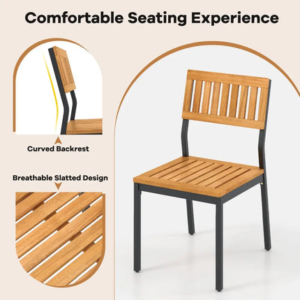 Patio Dining Chair Set of 2 with Metal and Acacia Wood Frame - Natural - Dining Chairs