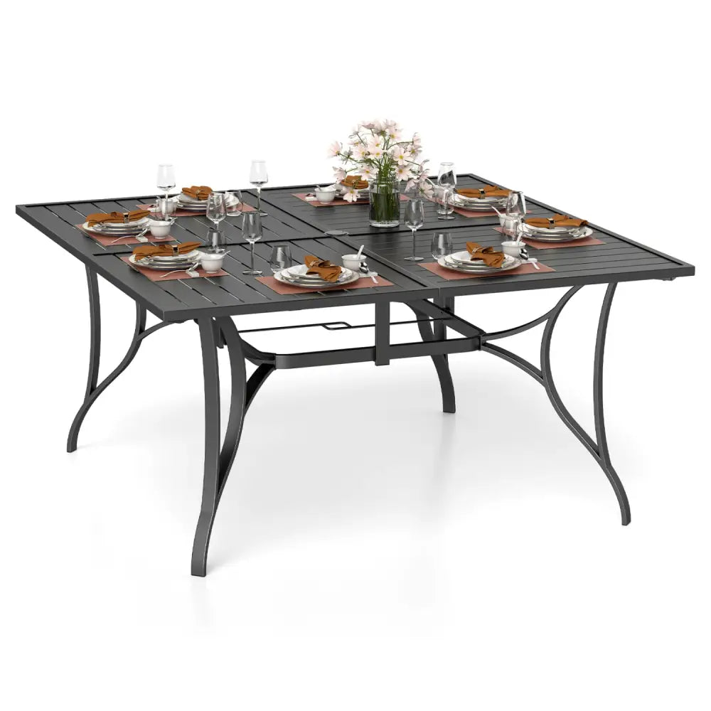 Patio Dining Table for 8 with Umbrella Hole for Porch Lawn-Black - Black - Patio Dining Tables