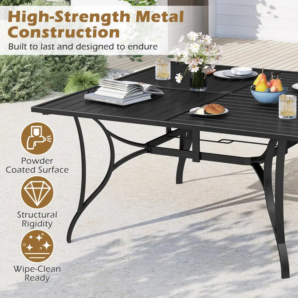 Patio Dining Table for 8 with Umbrella Hole for Porch Lawn-Black - Black - Patio Dining Tables