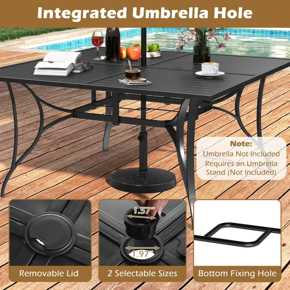 Patio Dining Table for 8 with Umbrella Hole for Porch Lawn-Black - Black - Patio Dining Tables