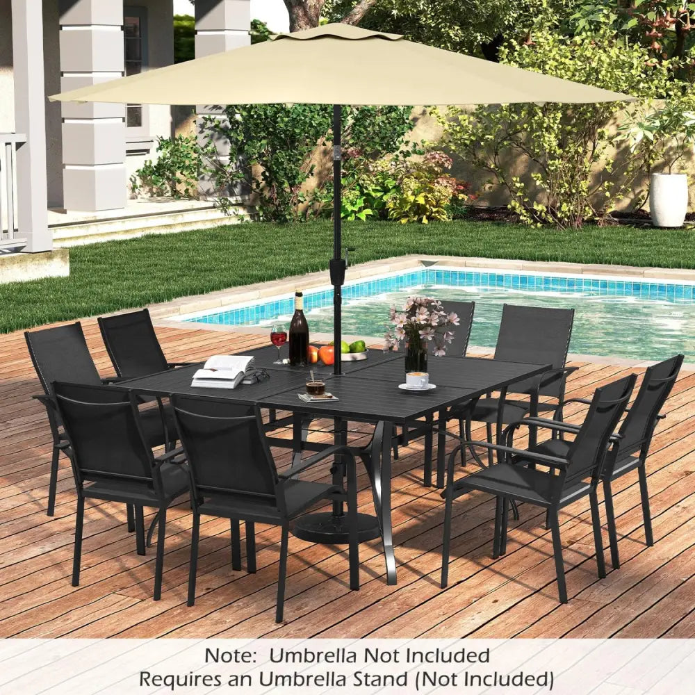 Patio Dining Table for 8 with Umbrella Hole for Porch Lawn-Black - Black - Patio Dining Tables