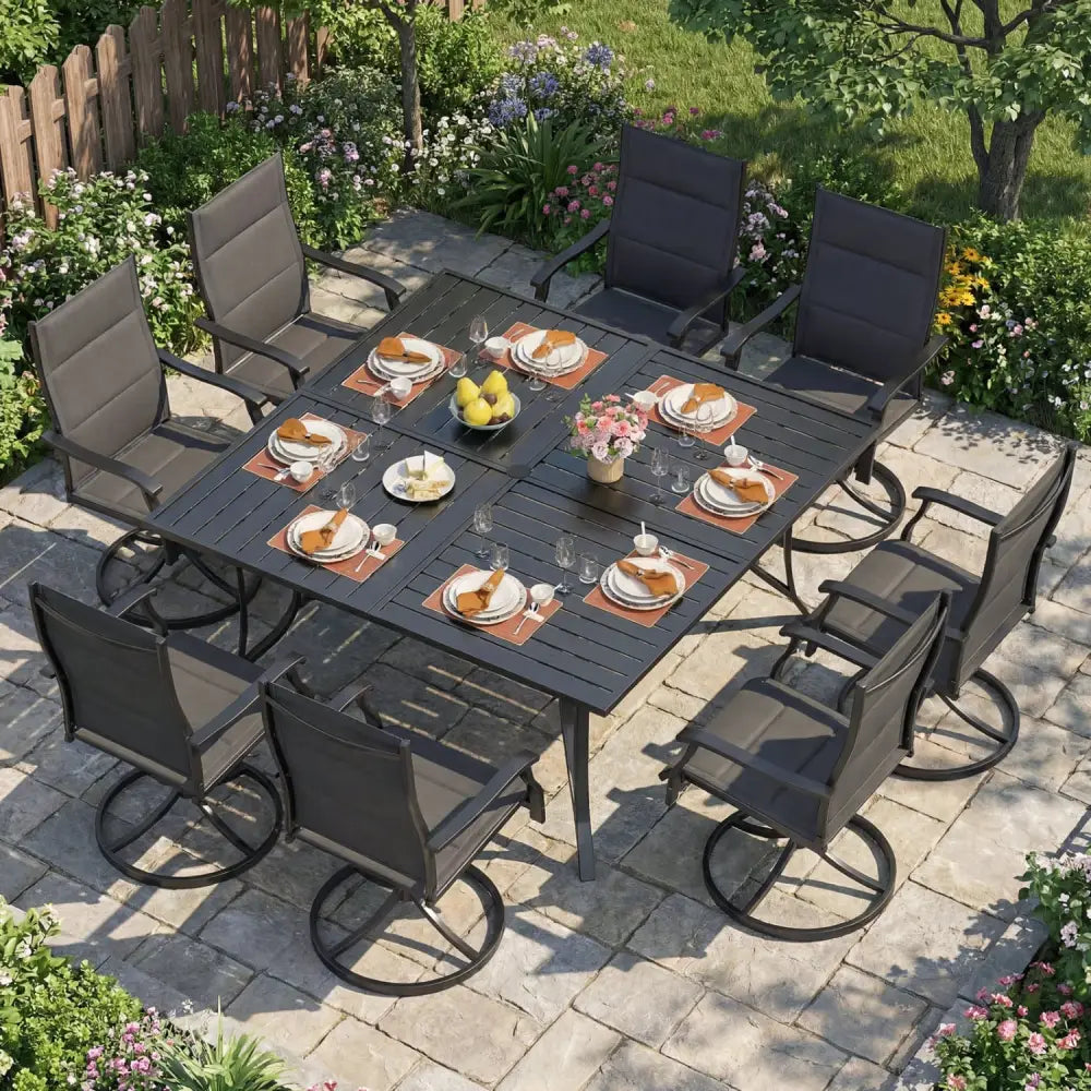 Patio Dining Table for 8 with Umbrella Hole for Porch Lawn-Black - Black - Patio Dining Tables