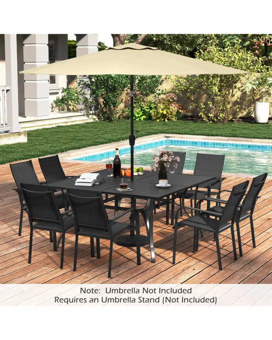 Patio Dining Table for 8 with Umbrella Hole for Porch Lawn-Black - Black - Patio Dining Tables