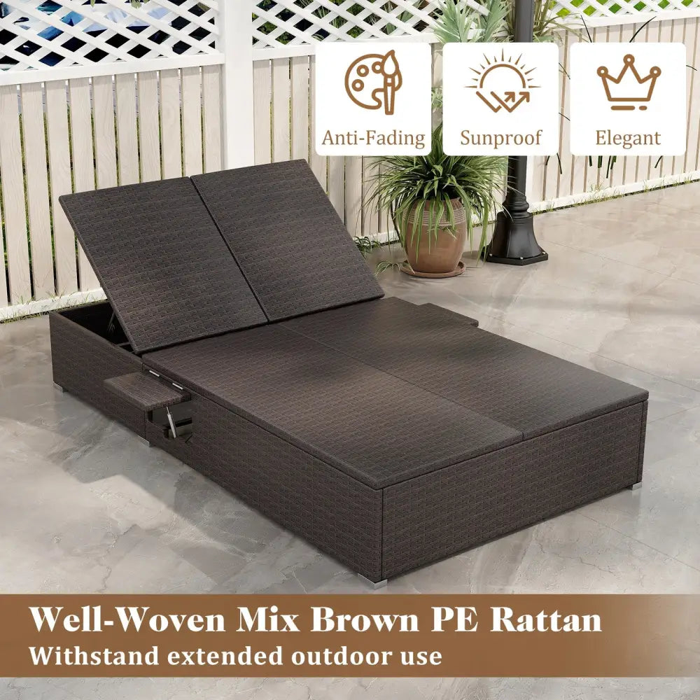 Patio Double Chaise Lounge with Cushions and Folding Side Trays-Beige - Beige - Outdoor Chaise Lounges